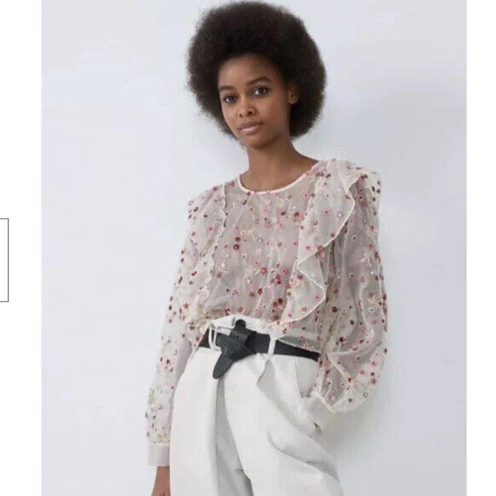 Zara organza sheer long sleeved floral cropped blouse women’s size small - Picture 2 of 9